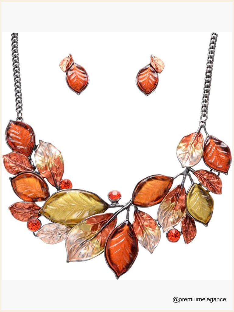 Vintage Leaf Floral Bohemian Crystal Jewelry Set Necklace Earrings Costume